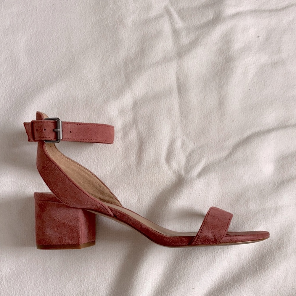Pink suede block heeled sandals